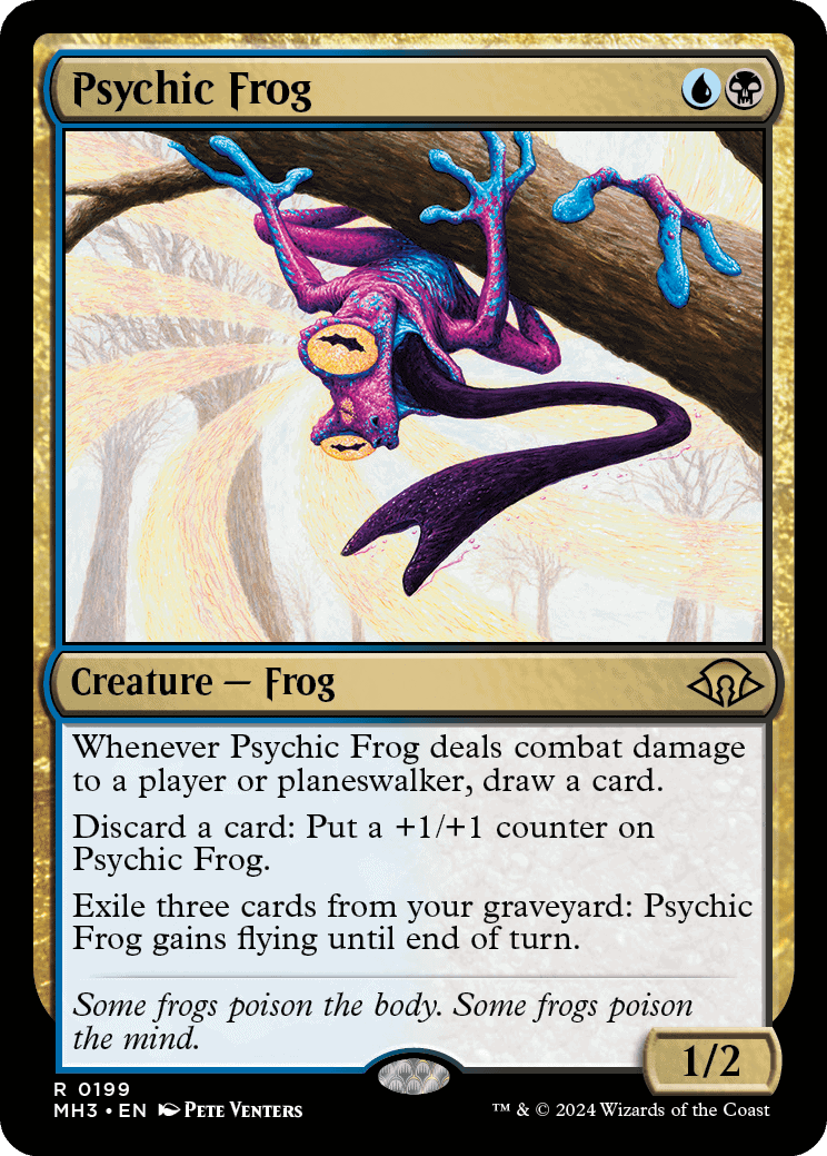 Illustration of a fantasy trading card from the MTG Modern Horizons 3 set, featuring "psychic frog," a creature with mystical abilities.