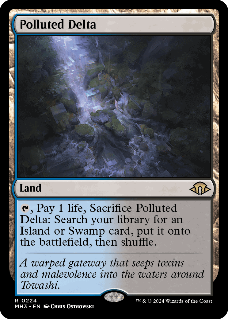 Magic: the Gathering card, 'Polluted Delta', featuring artwork of a shadowy, twisted landscape, as revealed in the MTG Modern Horizons 3 spoilers.