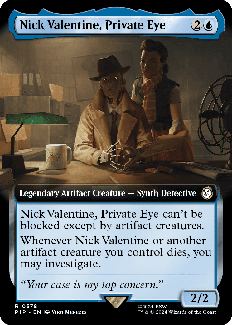 Private eye Nick Valentine, MTG aficionado, navigates a post-apocalyptic world filled with danger and intrigue.