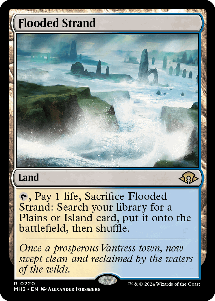 A "flooded strand" card from the MTG Modern Horizons 3 spoilers depicting a coastal landscape with turbulent waters and rocky formations.