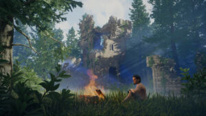 Enshrouded console commands max skill points: character sitting near a campfire with ruins in the background.