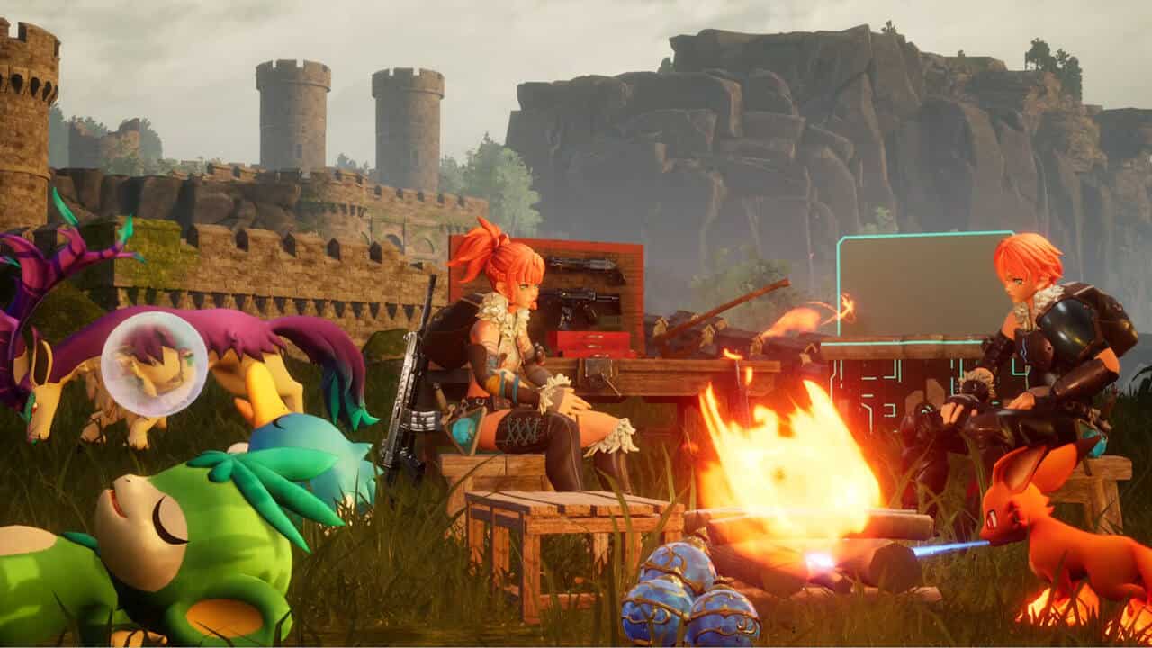 A screenshot of a video game featuring a group of characters gathered around a campfire, raising curiosity about the worthiness of playing either Enshrouded or Palworld.
