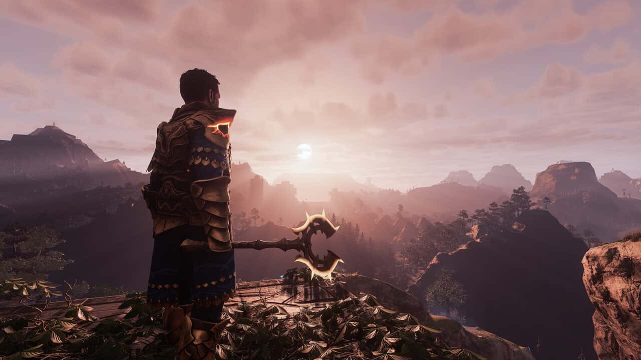 Enshrouded vs Palworld: character looking over a vista bathed in a low sun.