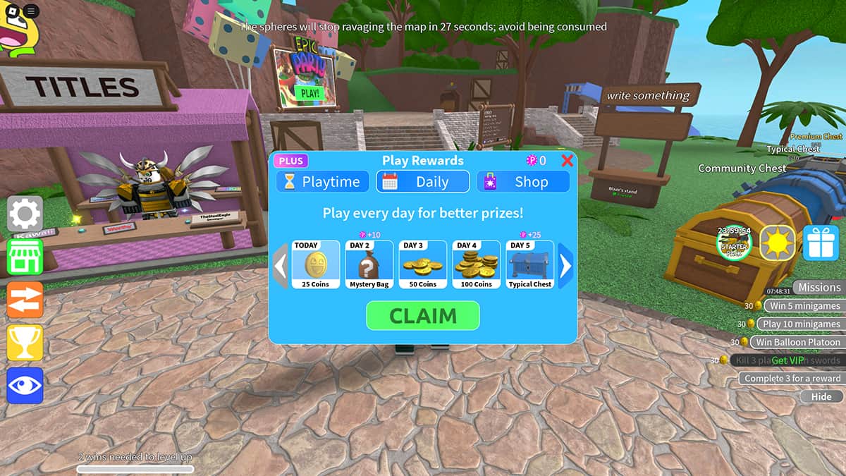Image of the free rewards window in Epic Minigames on Roblox, including daily and playtime rewards.