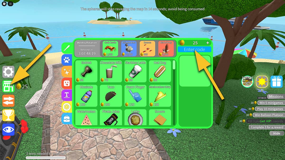 Image of the Shop screen in Epic Minigames on Roblox, with arrows pointing at the Shop icon and the code input text box.