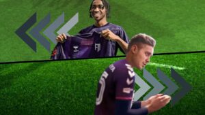 Two football manager players being transferred across two pitches