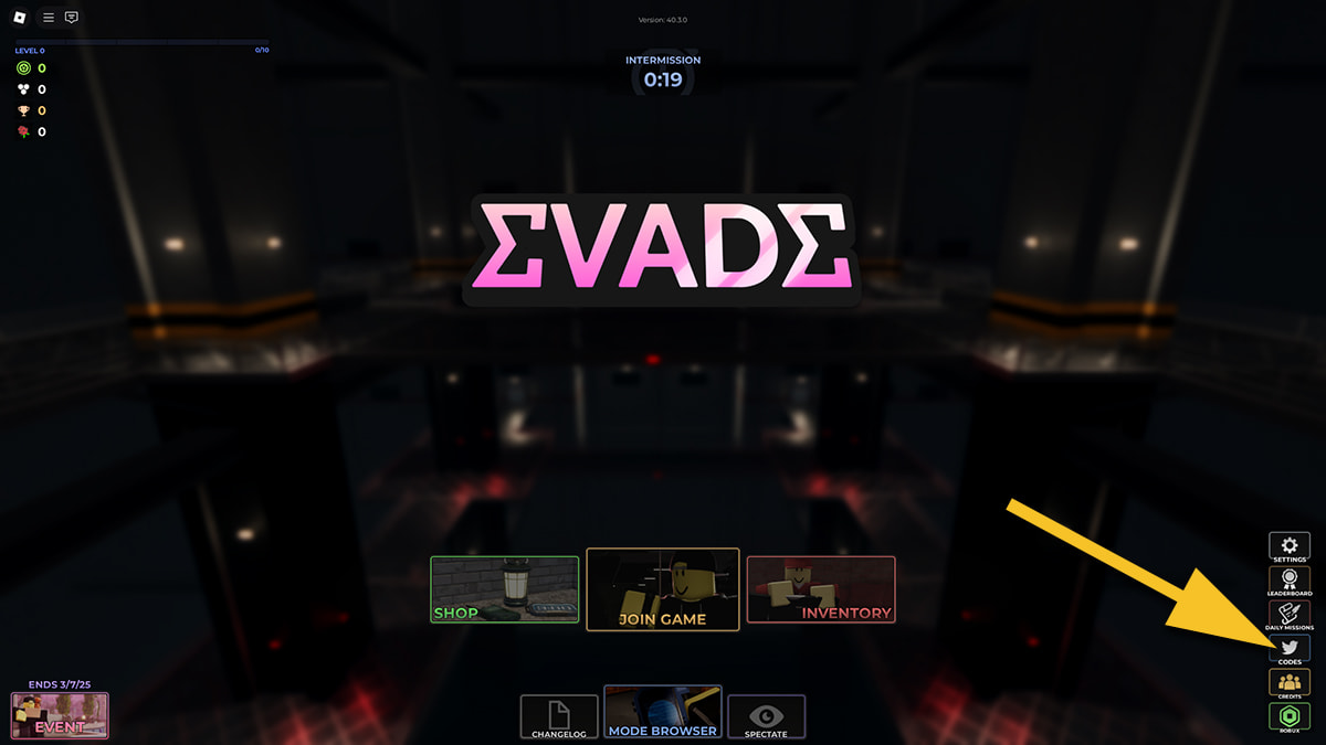 Image of the main menu of the Evade game on Roblox, with an arrow pointing at the Codes icon.