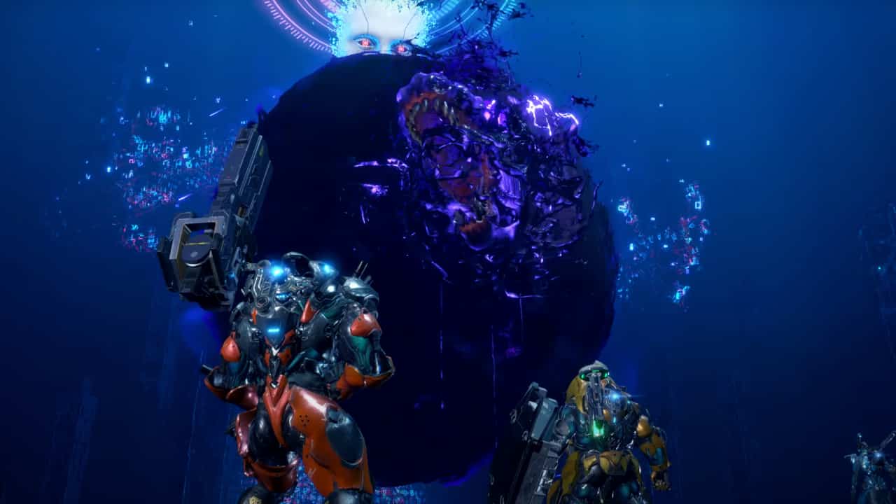 Exoprimal on PS5 or PS4: An AI god in cyberspace summons a giant mutant dinosaur from an orb of purple goo while two exosuits watch on in presumable horror.
