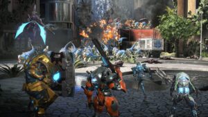 Exoprimal on Xbox: An image of a team of players in Exosuits facing off against a horde of dinosaurs in the game.