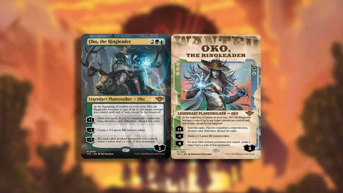Most expensive MTG Outlaws of Thunder Junction cards: Two cards, one on the left features a pale man wearing a cowboy hat. He is topless and riding an elk. The right card features same man wielding a sword.