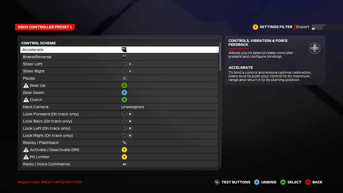 F1 24 best controller settings: The first half of the controller settings menu in F1 24.