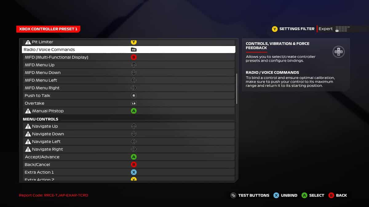 F1 24 best controller settings: The second half of the controller settings menu in F1 24.