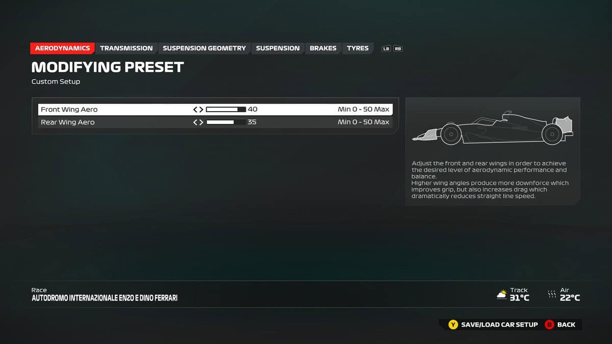 F1 24 Imola setup: The best Aerodynamics setup for Imola in F1 24