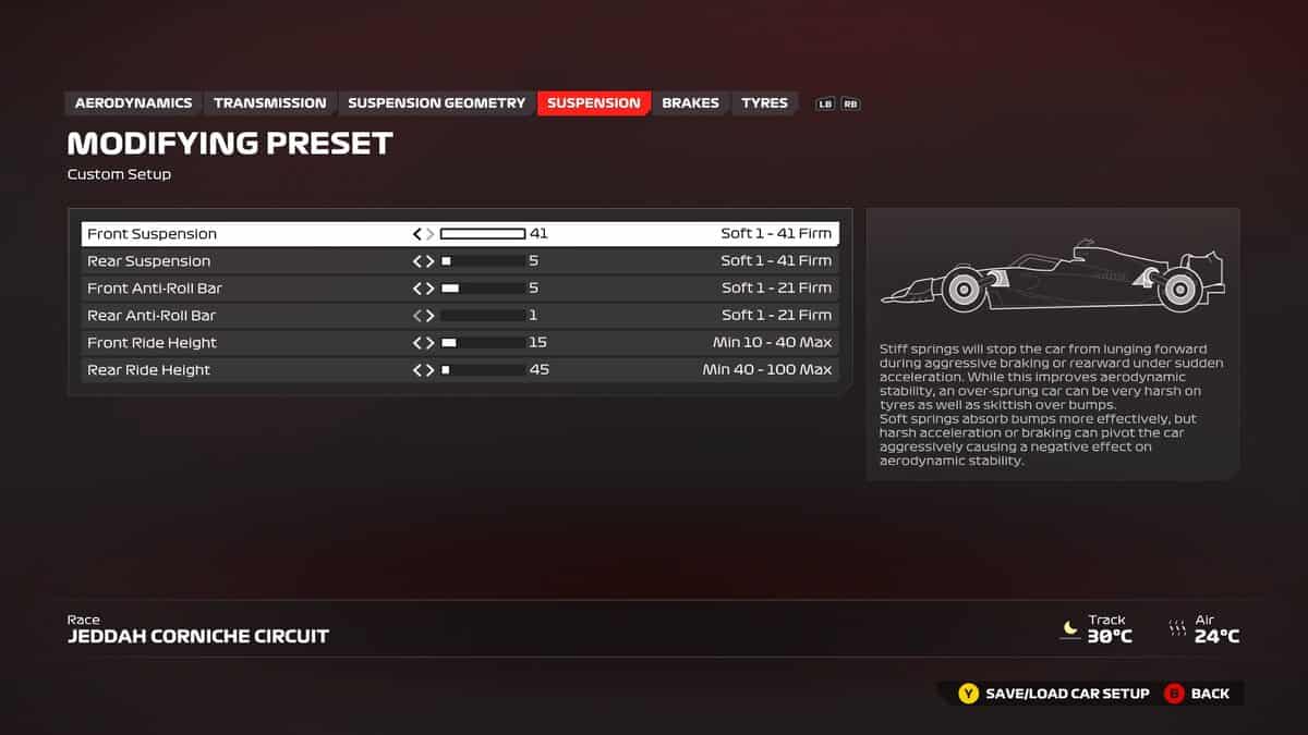The F1 24 Jeddah setup interface displays adjustments for suspension settings, including front/rear suspension, front/rear anti-roll bar, ride height, and rear ride height. Temperature and track details for the Saudi Arabia GP are listed below.