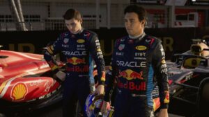 F1 24 driver ratings: Max Verstappen and Sergio Perez standing next to some F1 cars.