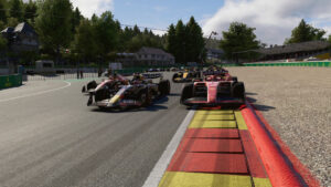 F1 24 review: A group of F1 cars driving on Belgium's Spa circuit.