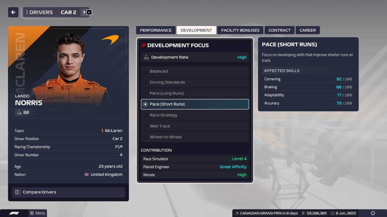 F1 Manager 2023 review: Lando Norris' development focuses.
