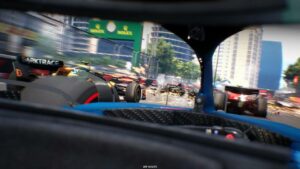 F1 Manager 2023 review: A cinematic shot from the visor cam.