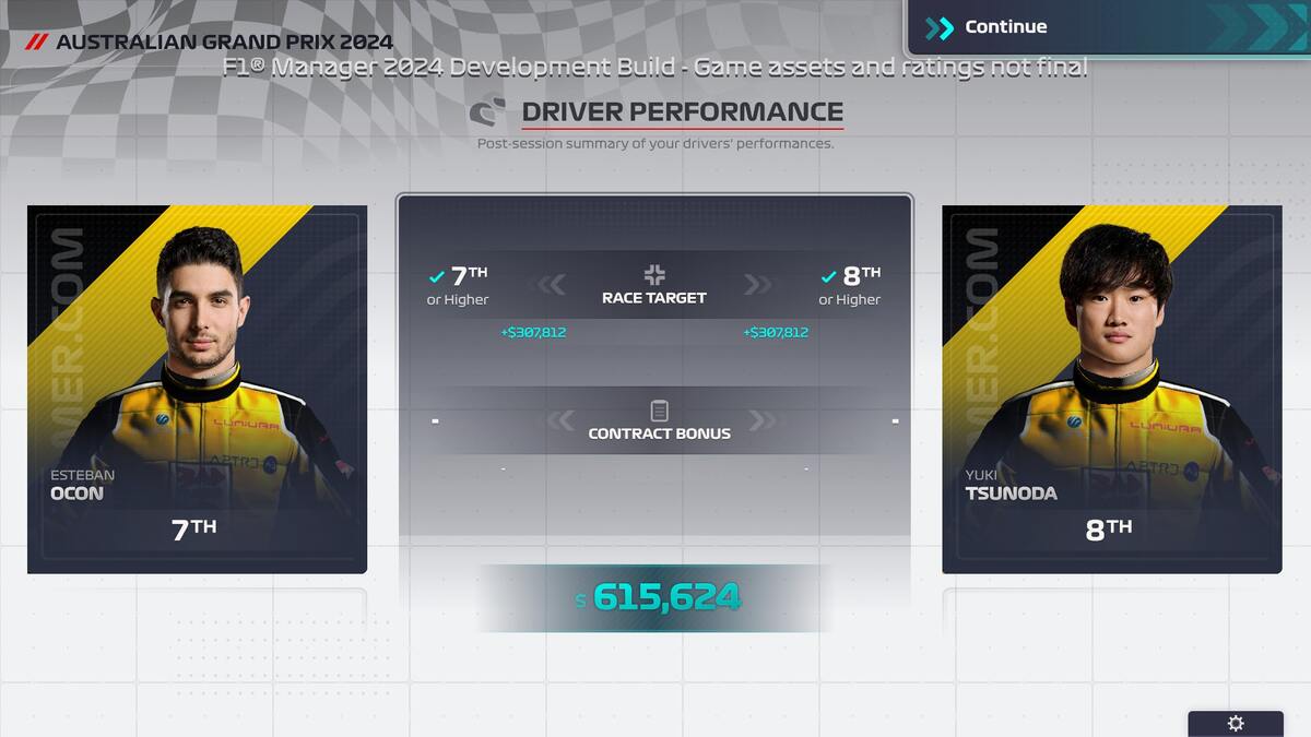 F1 Manager 2024 preview: The driver performance screen following the Australian Grand Prix.