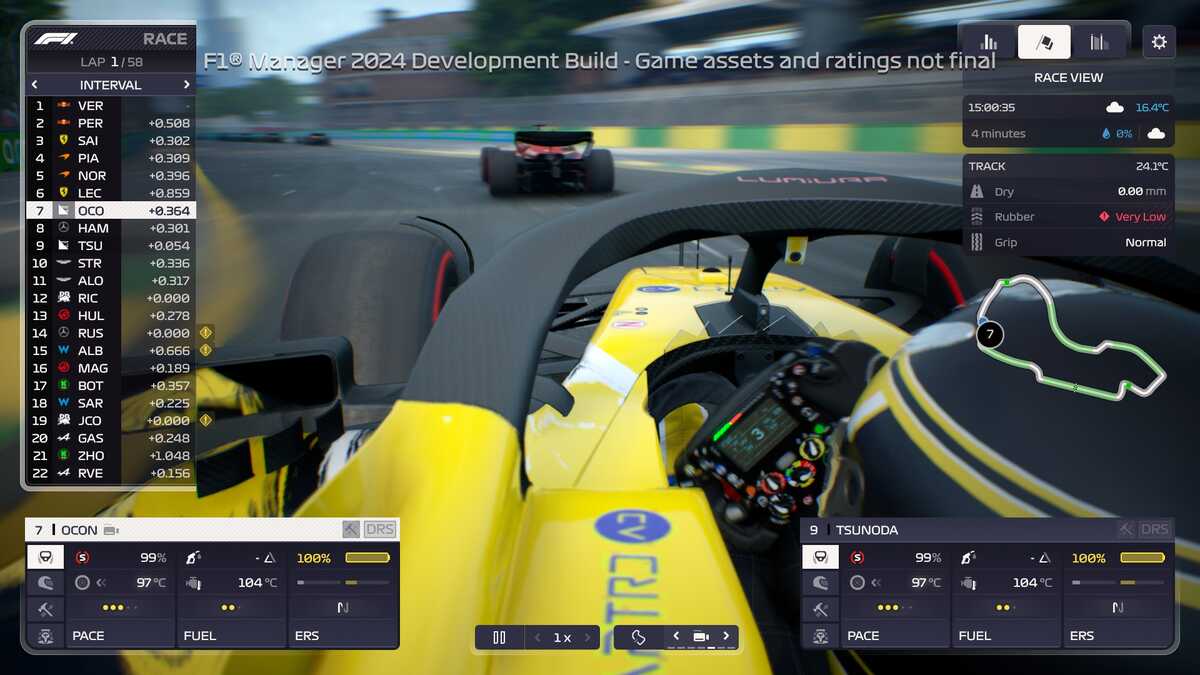 F1 Manager 2024 preview: The camera view from the cockpit of a yellow Formula 1 car during the Australian Grand Prix.