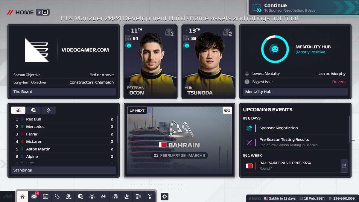 F1 Manager 2024 preview: The main screen of an F1 Manager 2024 save.