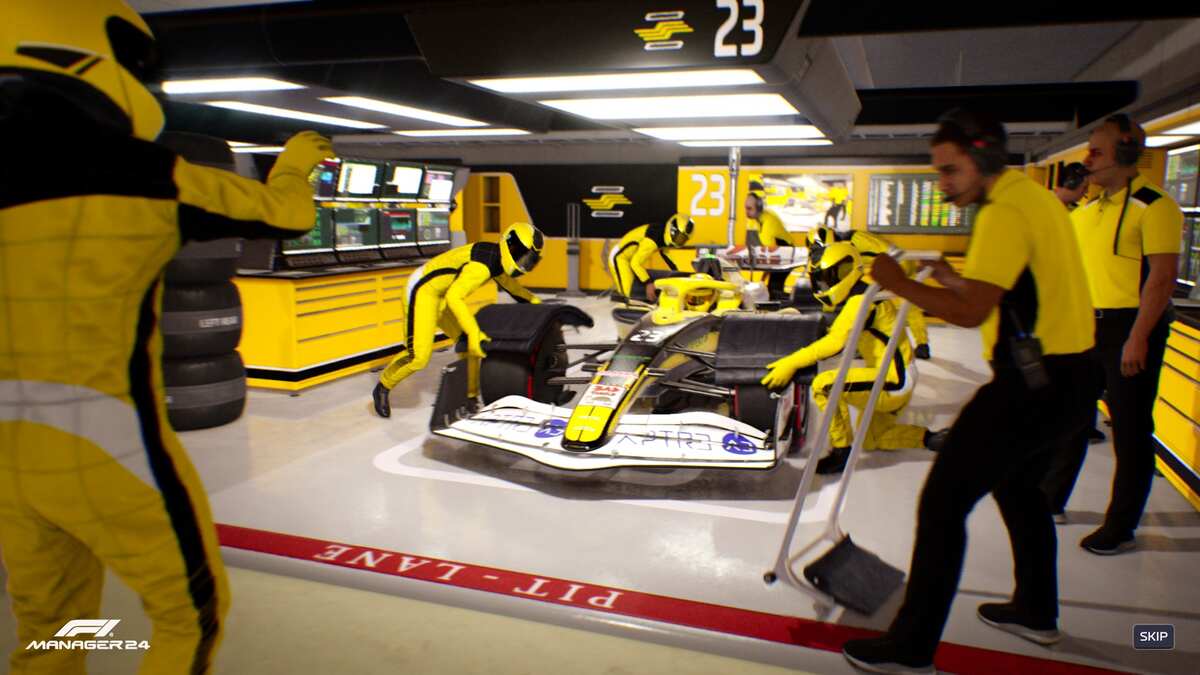F1 Manager 2024: An F1 team all dressed in yellow race suits working on a car.