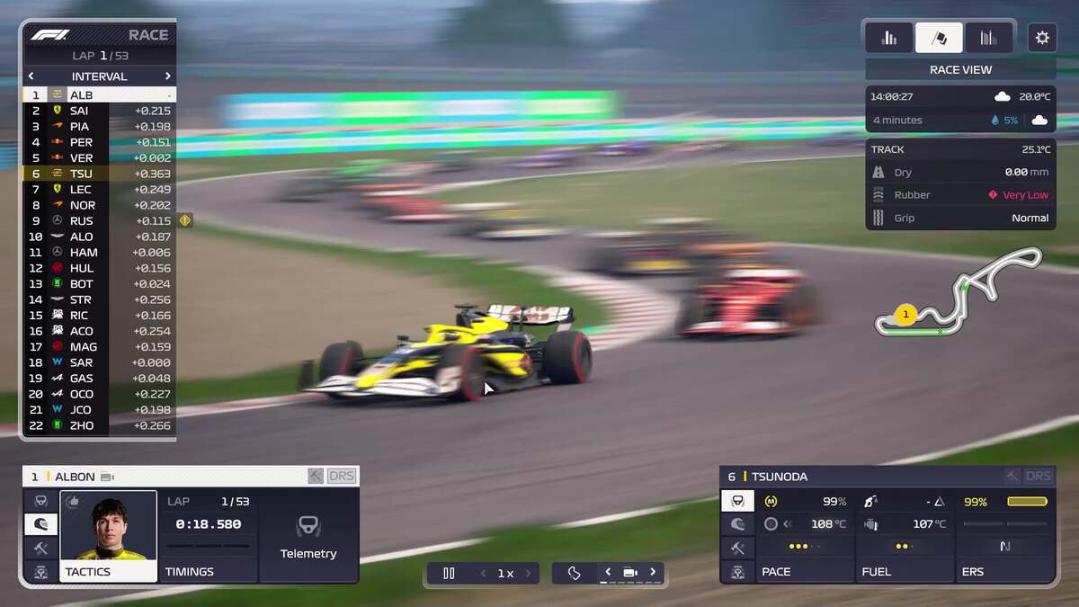 F1 Manager 2024 tips and tricks: A yellow F1 car leading the pack of a race with a series of infographics on the edges of the image.