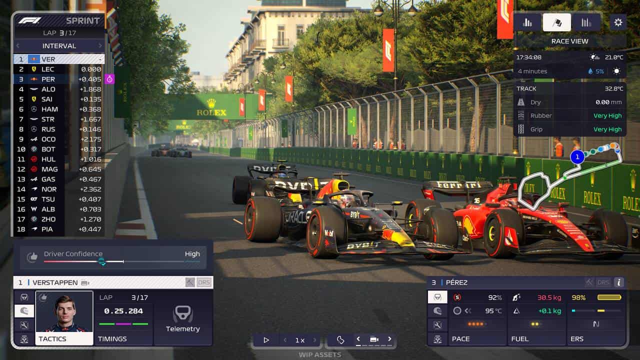 F1 Manager 2023 preview: Max Verstappen overtaking Charles Leclerc at Baku with Sergio Perez close behind.