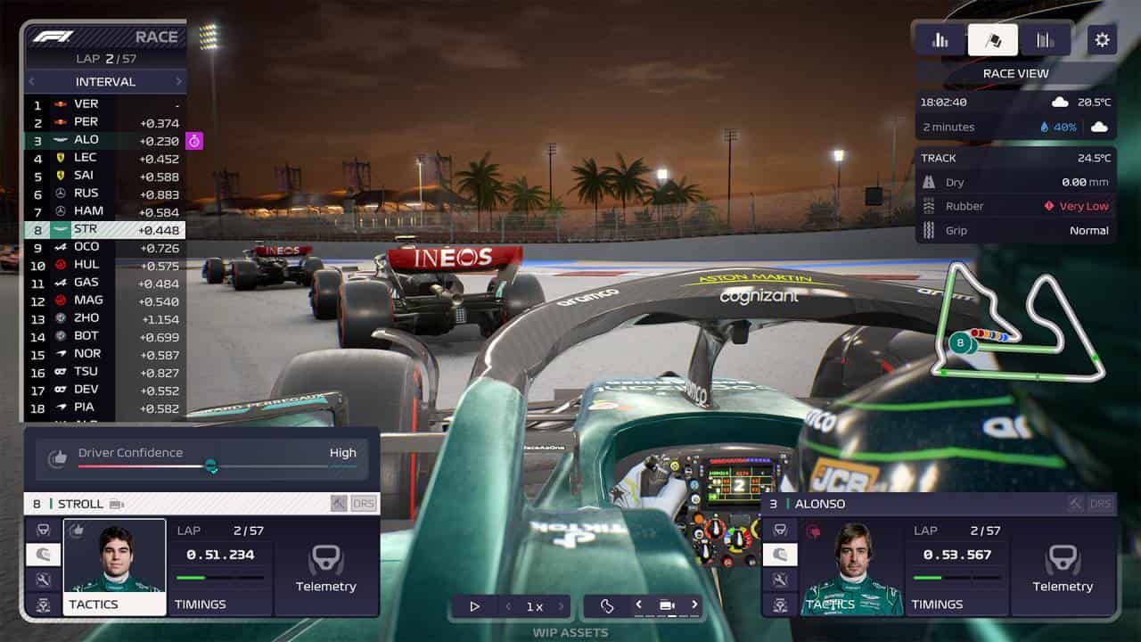 F1 Manager 2023 preview: A camera view from the chassis of Lance Stroll, driving behind Lewis Hamilton.