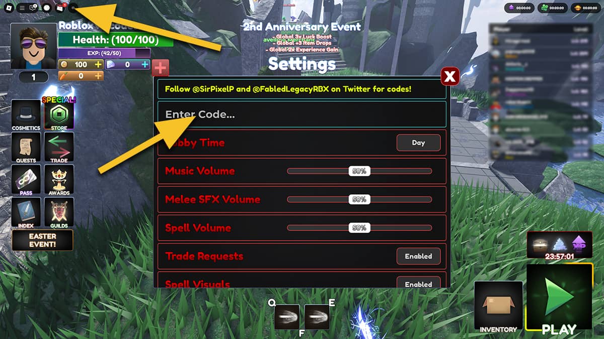 Image of the Settings screen in Fabled Legacy on Roblox, with an arrow pointing at the Cog icon, and another at the code input box.