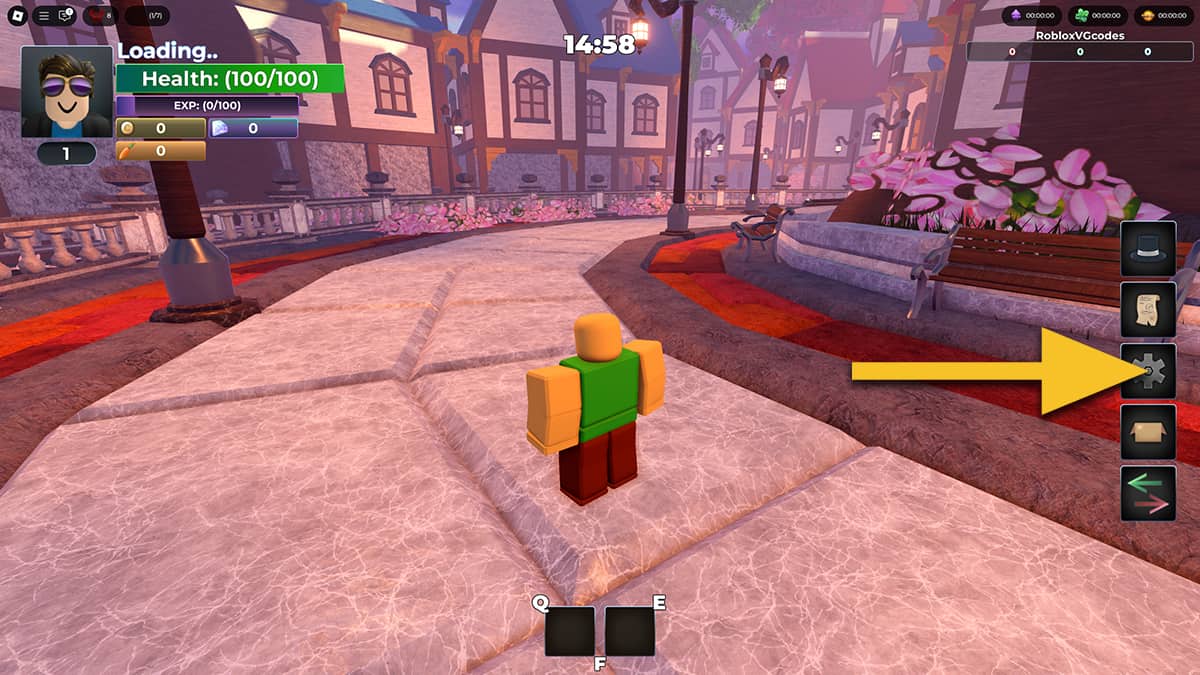 Image of the player at the start of the dungeon in Fabled Legacy on Roblox, with an arrow pointing at the Cog icon on the right side of the screen.