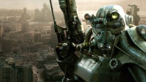 Fallout 3 Brotherhood of Steel soldier standing in front of a decimated Washington DC