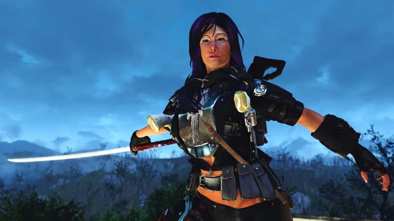 Fallout 4 best mods: A female character with purple hair wields a glowing sword, dressed in futuristic armor. Image via Nexus Mods.