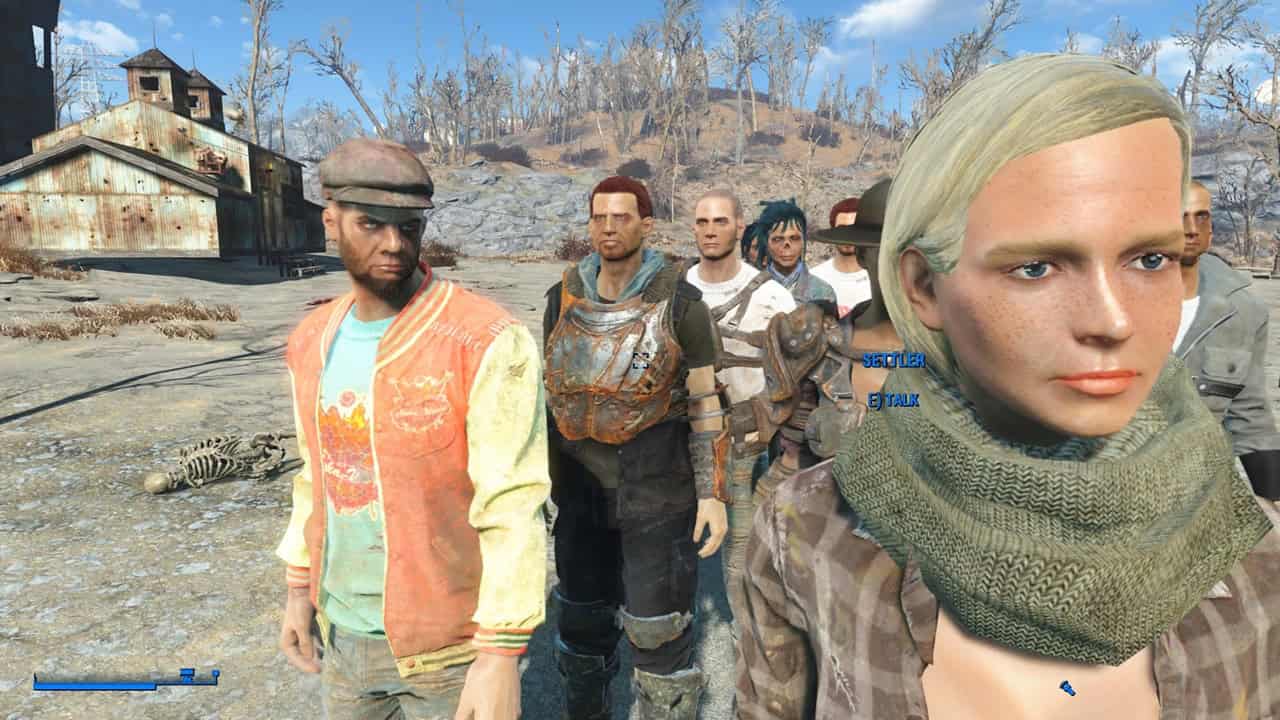 Fallout 4 best mods: Various characters stand next to the player in the game. Image via Nexus Mods.