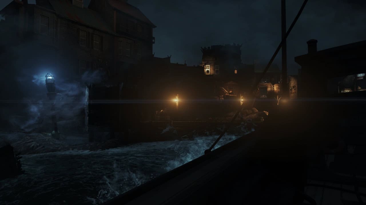 Fallout 4 best mods: A player on a boat at night with lights shining in the distance. Image  via Nexus Mods.