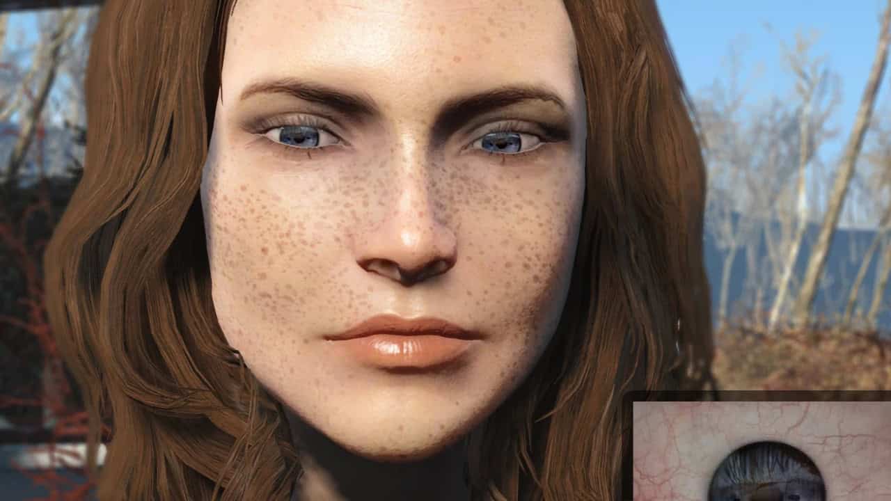 Fallout 4 best mods: Close-up of a woman's face with freckles, focused on her detailed blue eyes. Image via Nexus Mods.