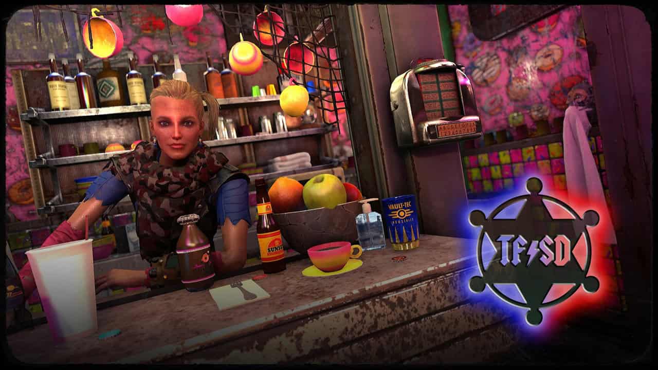 Fallout 4 best mods: A woman with blond hair in a bustling market stall, surrounded by colorful lanterns, fruit, and various items. Image via Nexus Mods.