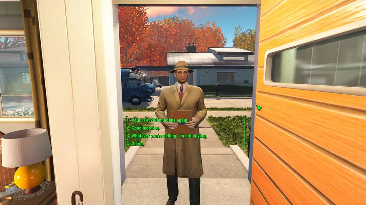 Fallout 4 best mods: A player speaks with a man in a coat via dialogue options in green. Image via Nexus Mods.