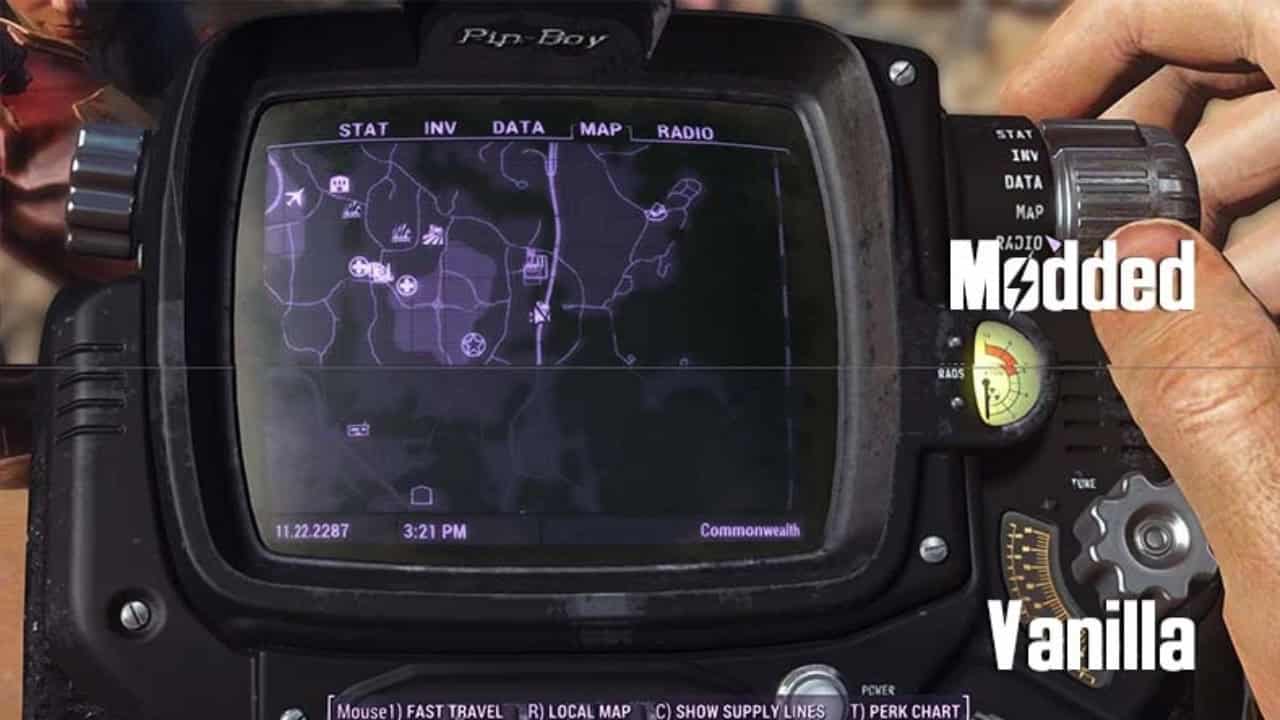 Fallout 4 best mods: Close-up of a hand holding a pip-boy device displaying a map. Image via Nexus Mods.