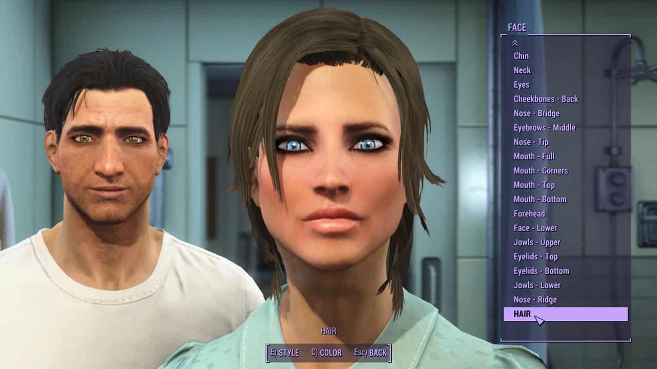Fallout 4 best mods: Two characters are shown during a character customization screen. Image via Nexus Mods.