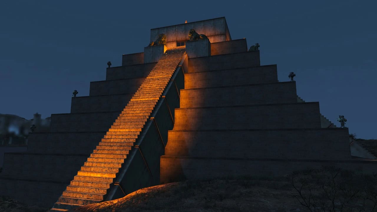 Fallout 4 best mods: An illuminated ancient pyramid at night. Image via Nexus Mods.
