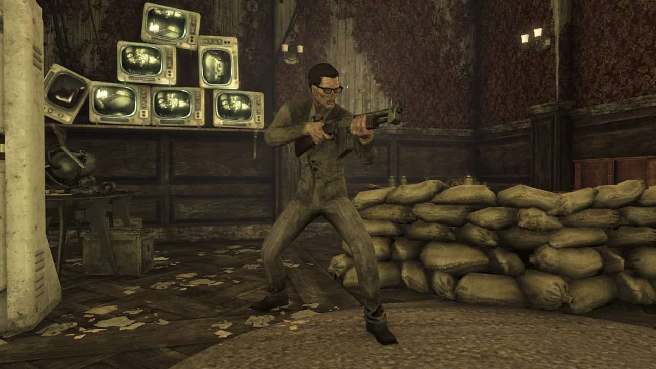Fallout 4 best mods: A male character holding a shotgun in a room with old TVs and sandbags. Image via Nexus Mods.