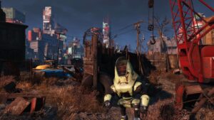 Fallout 4 best mods: A post-apocalyptic urban landscape with a robot standing near the player. Image via Bethesda Studios.