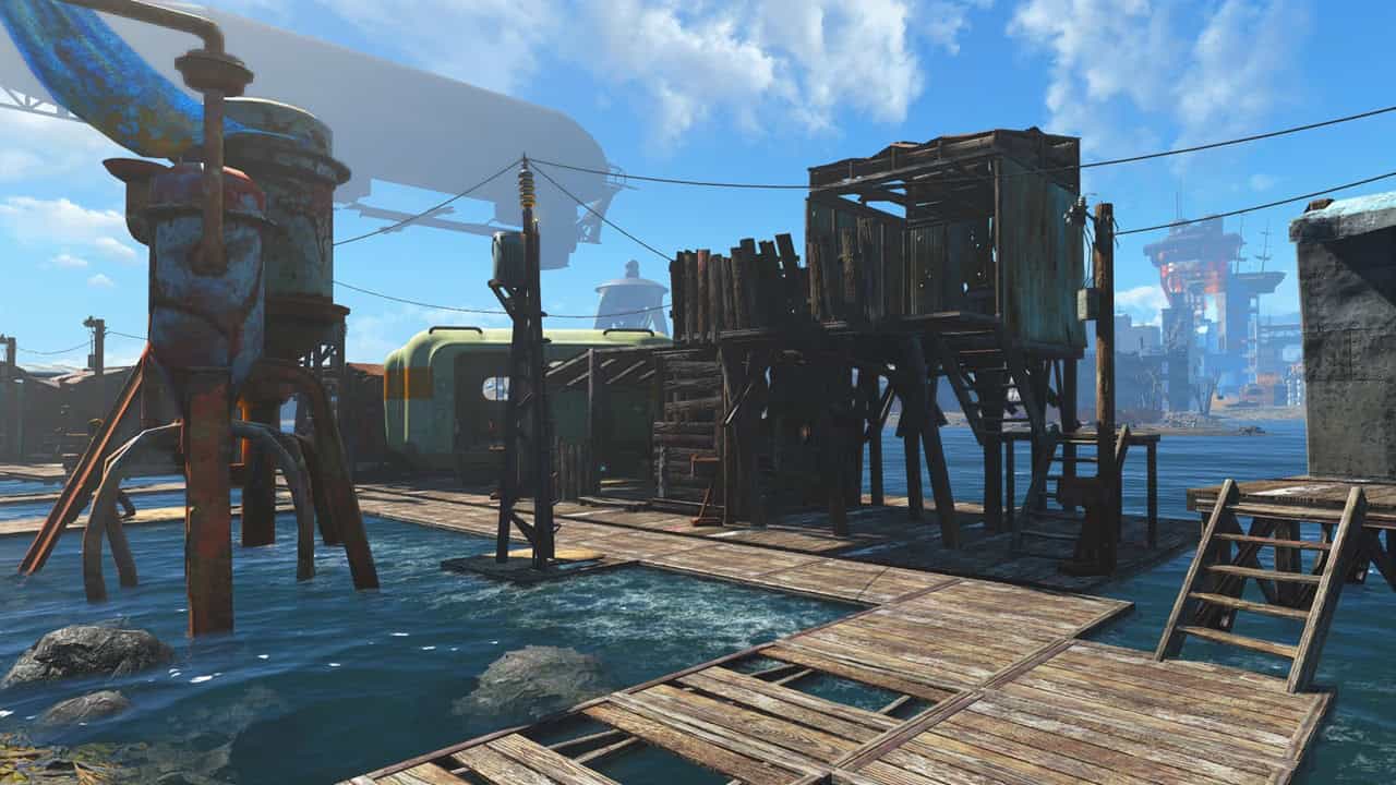 Fallout 4 best mods: A settlement in the game, built next to water. Image via Nexus Mods.