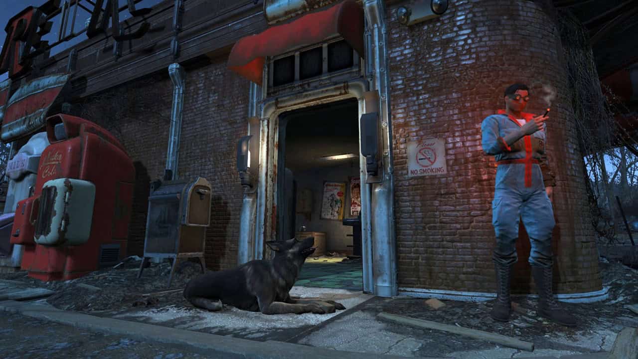 Fallout 4 best mods: A character smokes next to a dog near a building in the game. Image via Nexus Mods.