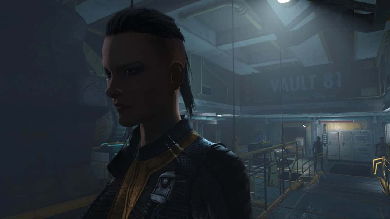 Fallout 4 best mods: A woman with a mohawk stands in a dimly lit room. Image via Nexus Mods.