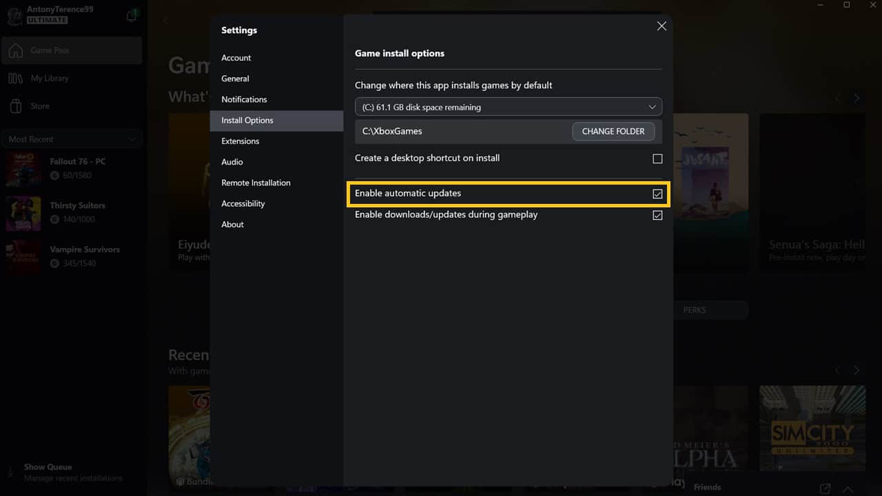 Fallout 4 stop next gen update: The Settings section in the Xbox app with the automatic updates option highlighted. Image captured by VideoGamer.