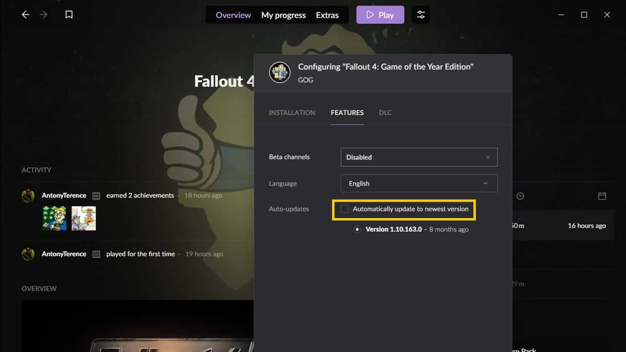 Fallout 4 stop next gen update: The GOG features tab for Fallout 4 indicating the auto-updates section. Image captured by VideoGamer.