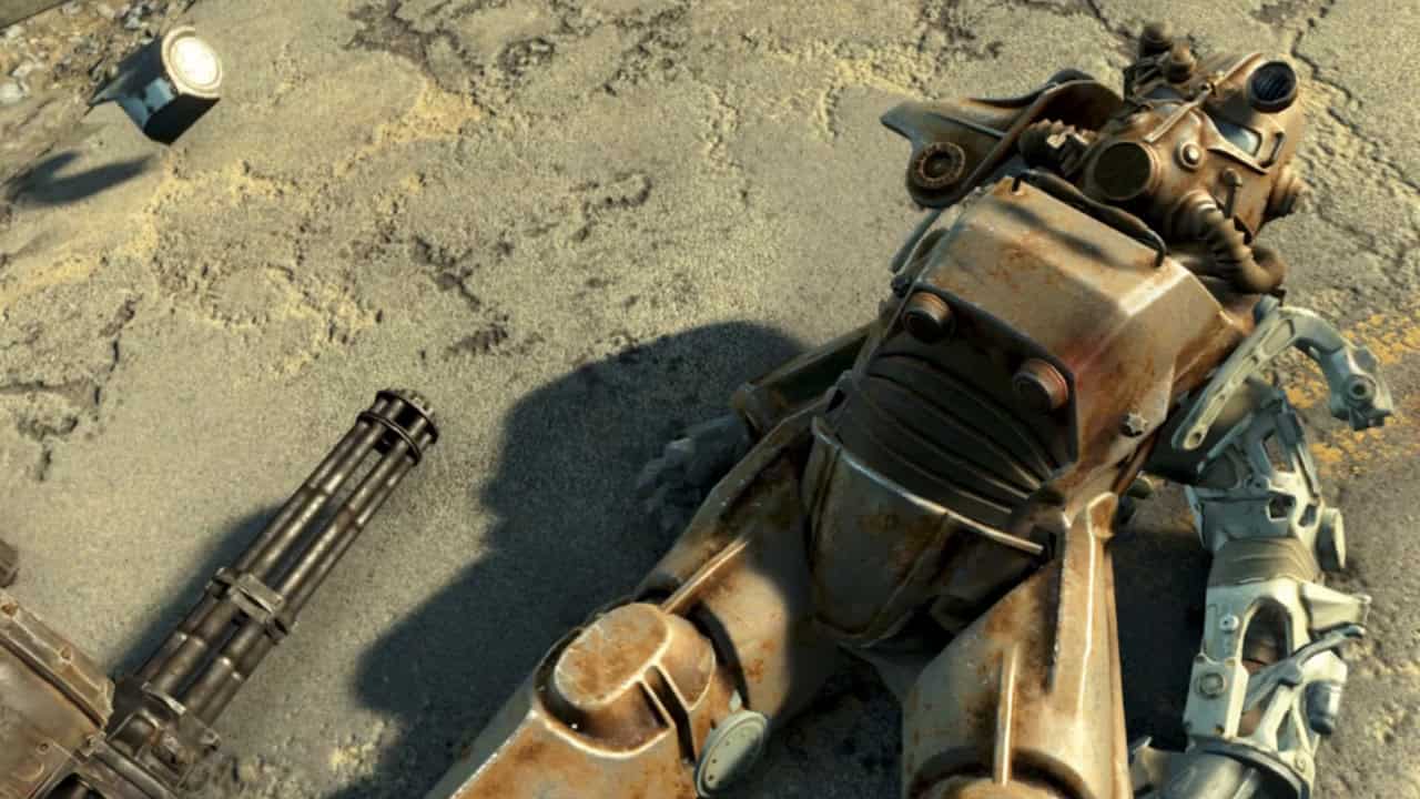 Fallout 4 stop next gen update: A suit of power armor lying on the ground. Image captured by VideoGamer.