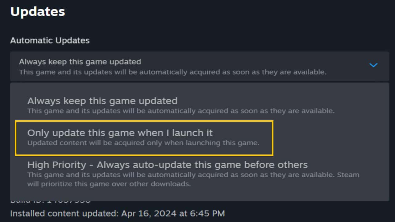 Fallout 4 stop next gen update: Steam's update settings with an option highlighted. Image captured by VideoGamer.